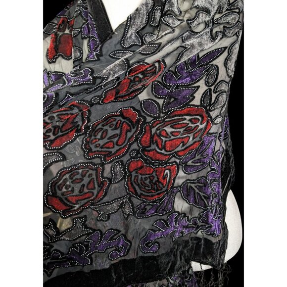 Vintage Gothic Floral Red Purple And Black Velvet Burnout Scarf With Fringe - Picture 4 of 4